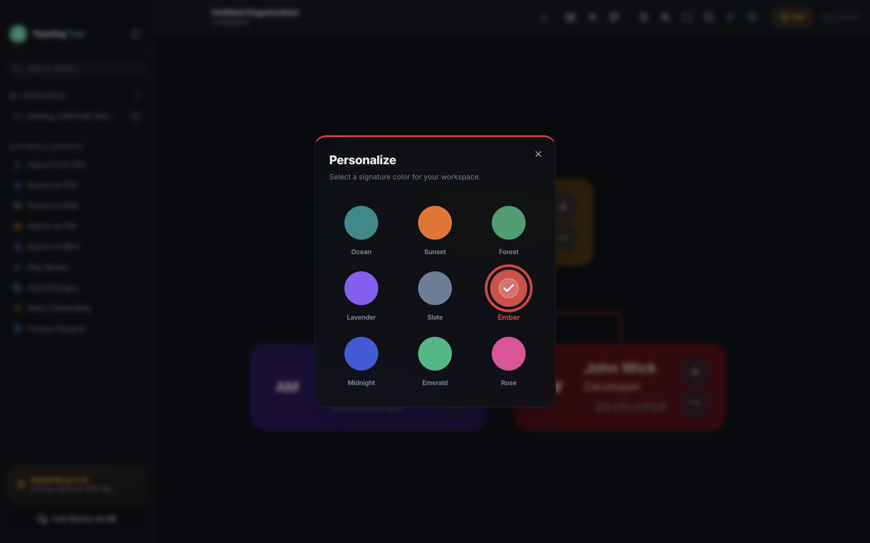 Workspace Theme Personalization modal with 9 signature color presets