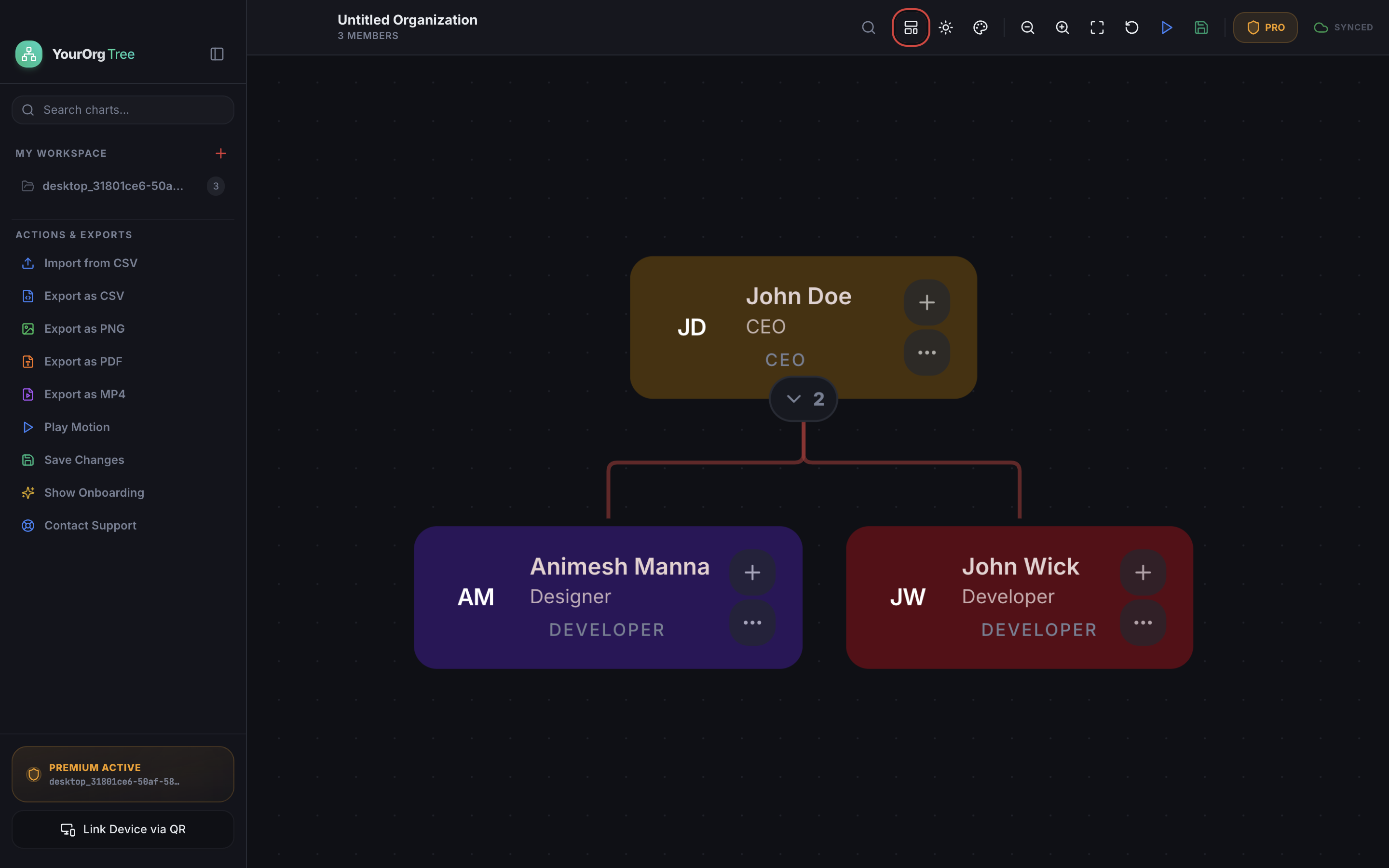 Vertical organizational chart design with role color coding in YourOrgTree
